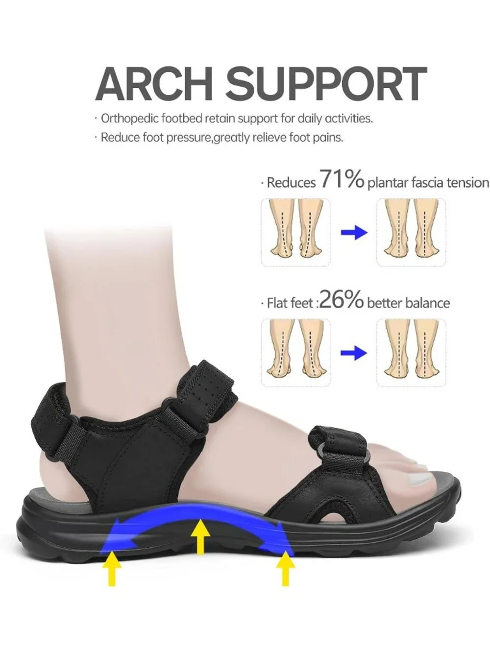 Men's Black Adjustable Strap Open Toe Leather Athletic Sport Hiking Sandal Shoes